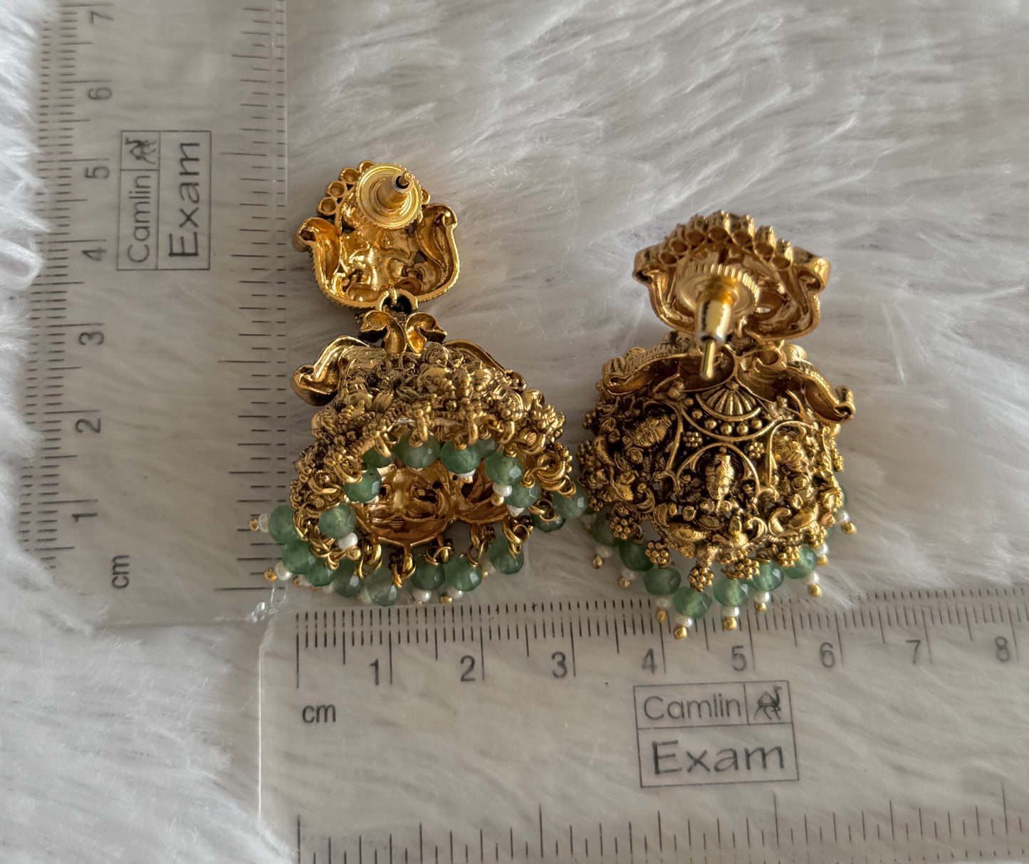 Antique gold tone pink-green beaded Lakshmi jhumkka dj-51481