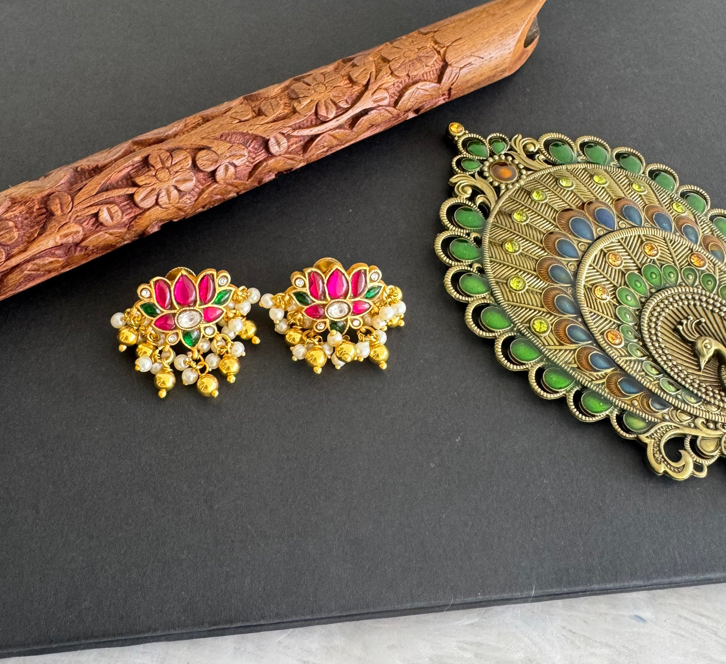 Gold tone pink-green-white kundan jadau Lotus earrings dj-52103