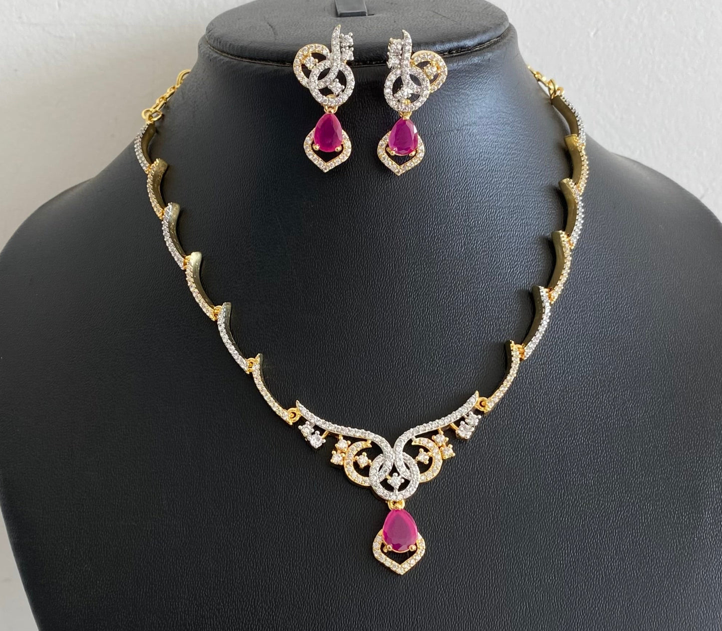 Two tone cz white-ruby stone necklace set dj-54344
