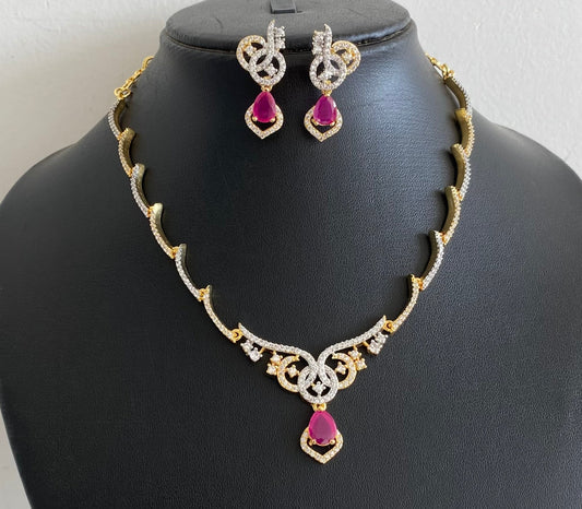 Two tone cz white-ruby stone necklace set dj-54344