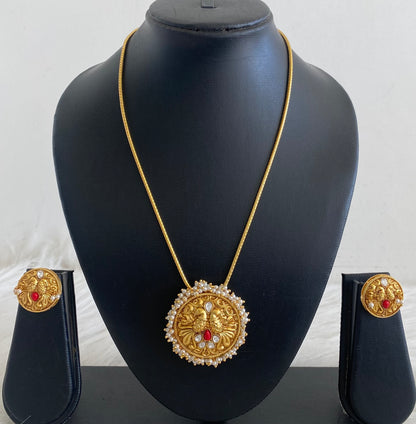 Antique gold tone 18 inches chain with peacock coral round pendant set dj-55113
