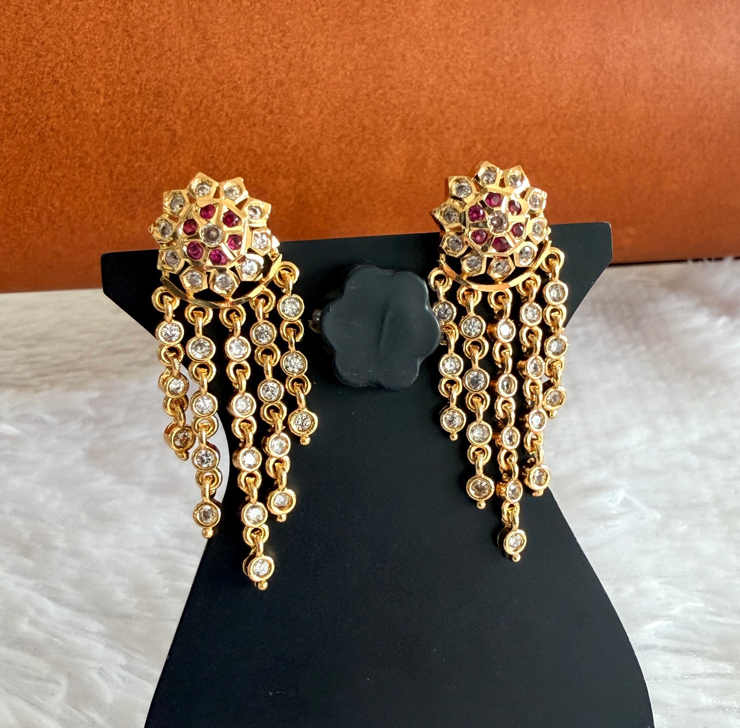 Gold tone AD white-pink flower earrings dj-53273