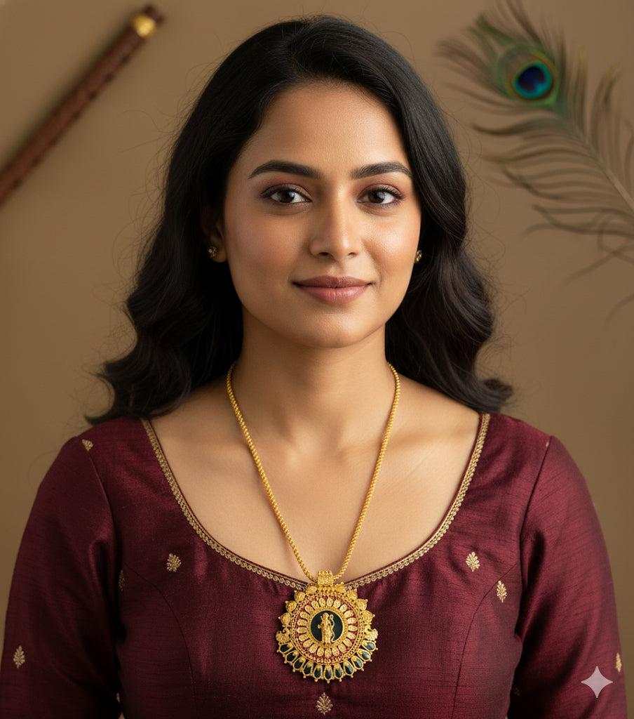 Gold tone pink green Shri Ram nagapadam big pendant with 24 inches chain dj-51689