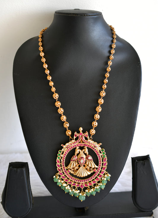 Gold tone pink-green kundan jadau big peacock necklace dj-52596