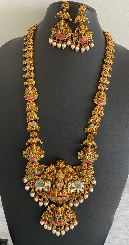 Matte finish pearl meenakari gaja lakshmi haar set dj-54095