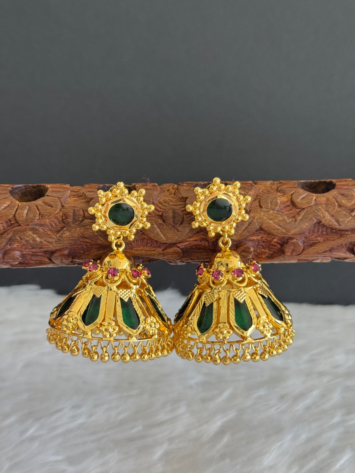 Gold tone pink-green Nagapadam Kerala style 8 petal jhumkka dj-40301