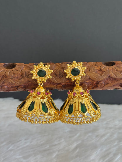 Gold tone pink-green Nagapadam Kerala style 8 petal jhumkka dj-40301