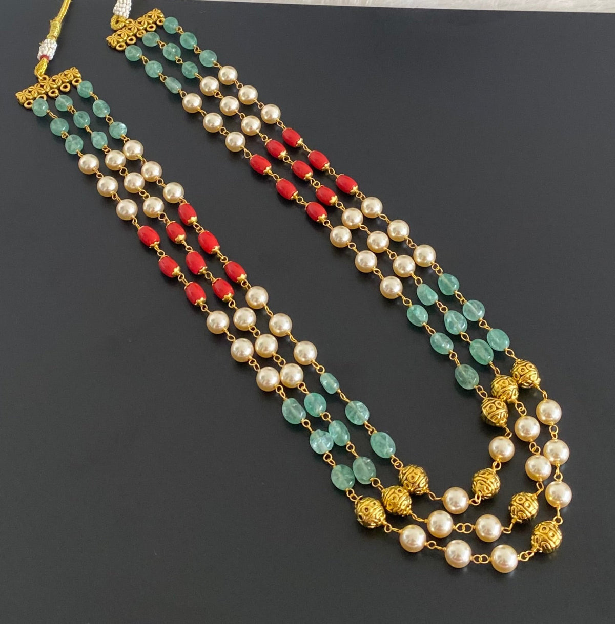 Antique gold tone multilayer coral-pearl beaded necklace dj-54979