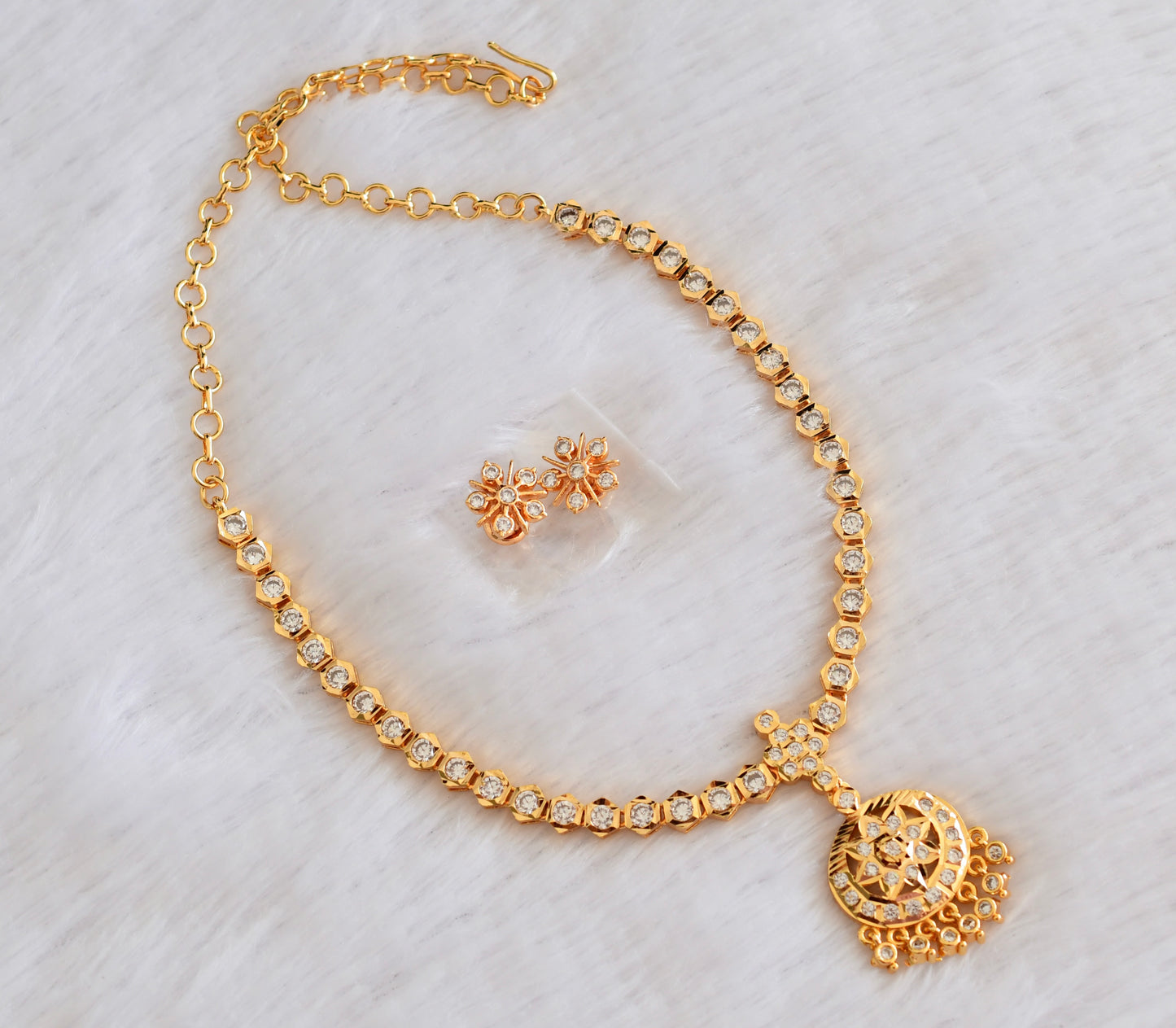 Gold tone AD white stone south Indian necklace set dj-53330