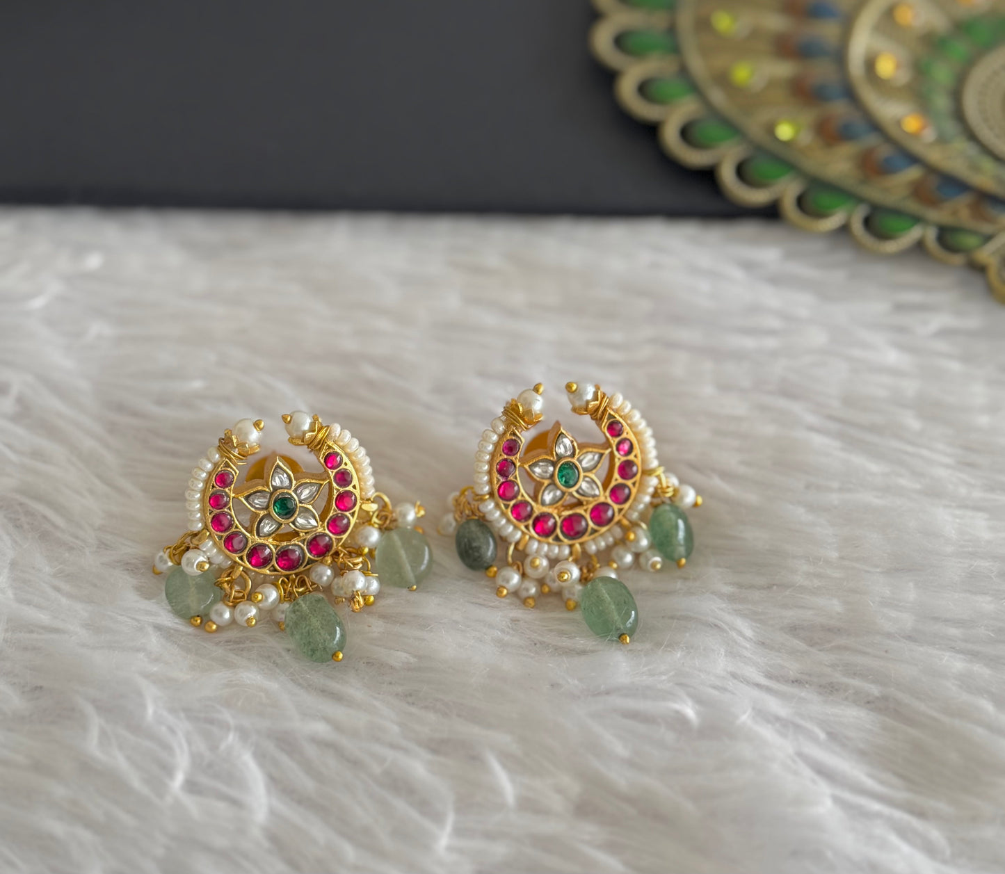 Gold tone pink-white kundan jadau green moon big stud/earrings dj-51502
