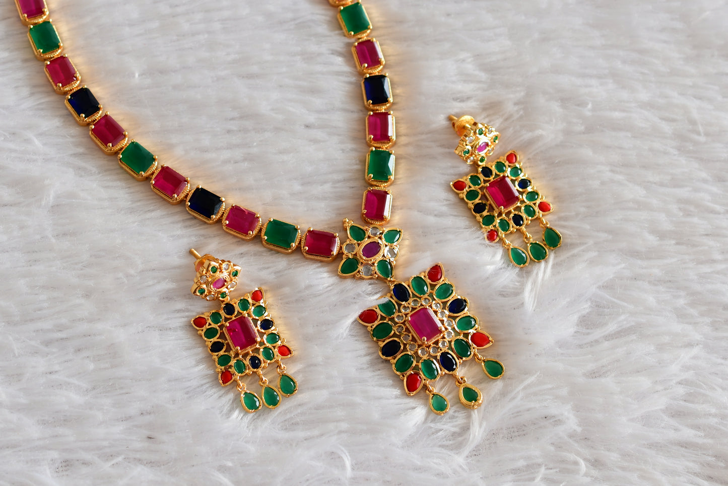 Gold tone Cz Navarathna block stone haar set dj-51950