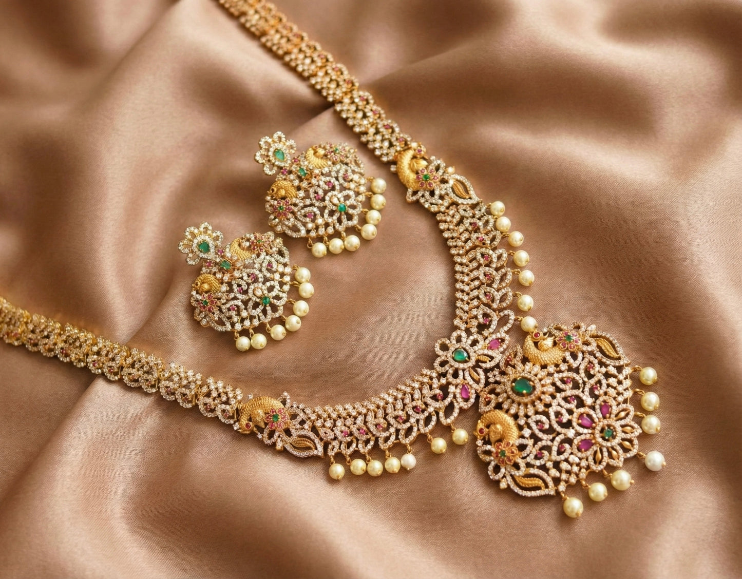 Matte finish cz ruby-green peacock haar set dj-32806