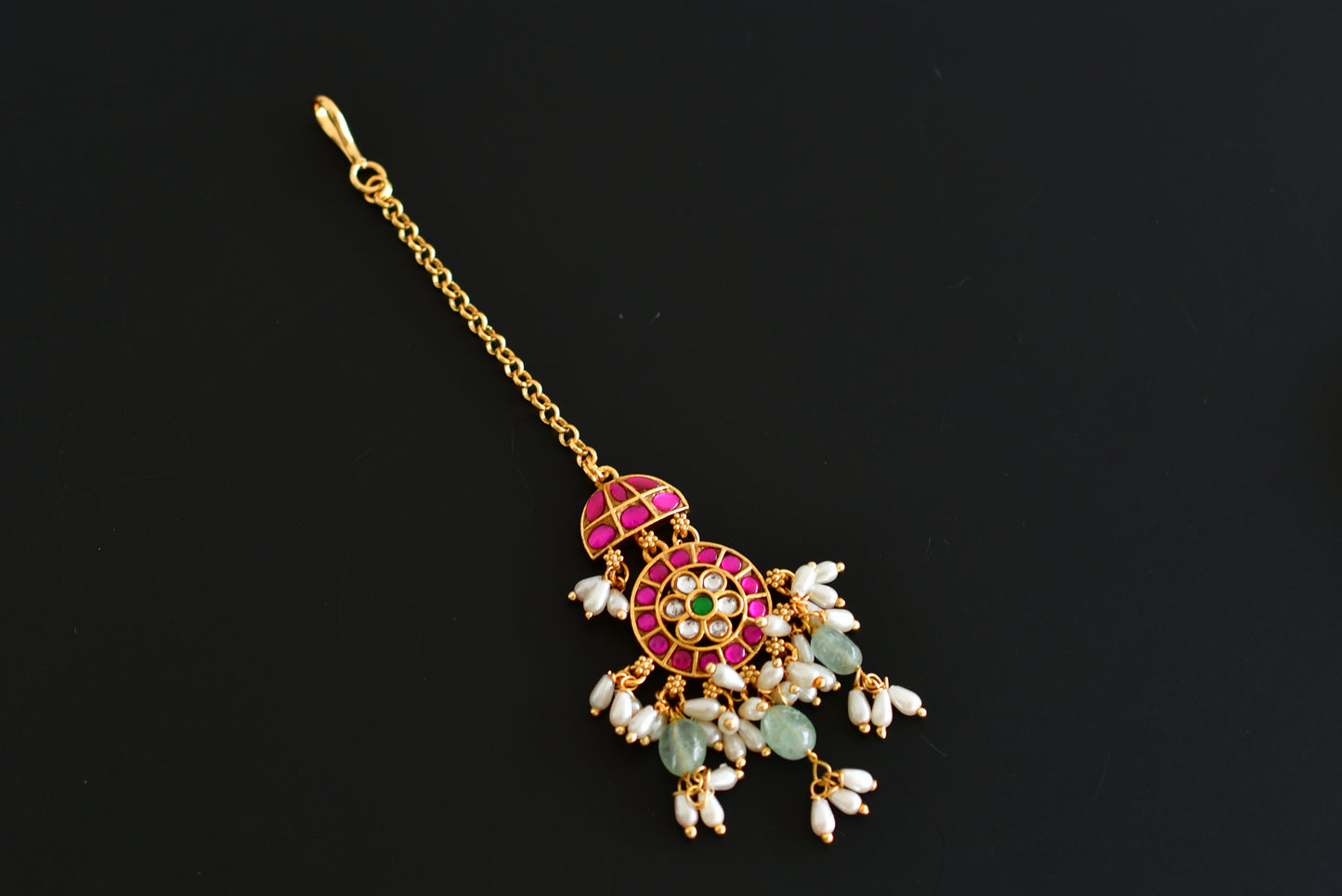 Gold tone pink-green kundan jadau green beaded round tikka dj-52499