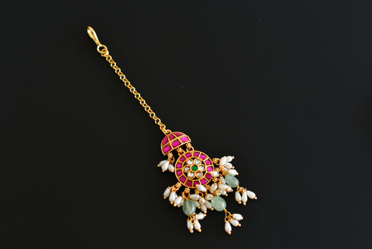 Gold tone pink-green kundan jadau green beaded round tikka dj-52499