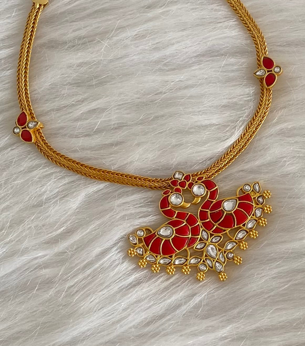 Gold tone coral white stone swan necklace dj-54492