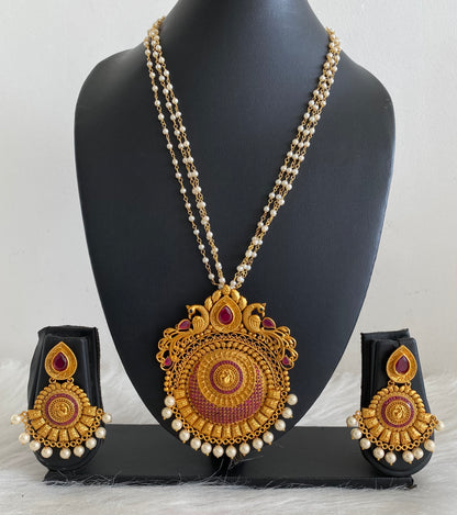 Matte Finish Ruby Big pendant Peacock Pearl Necklace Set-dj08220