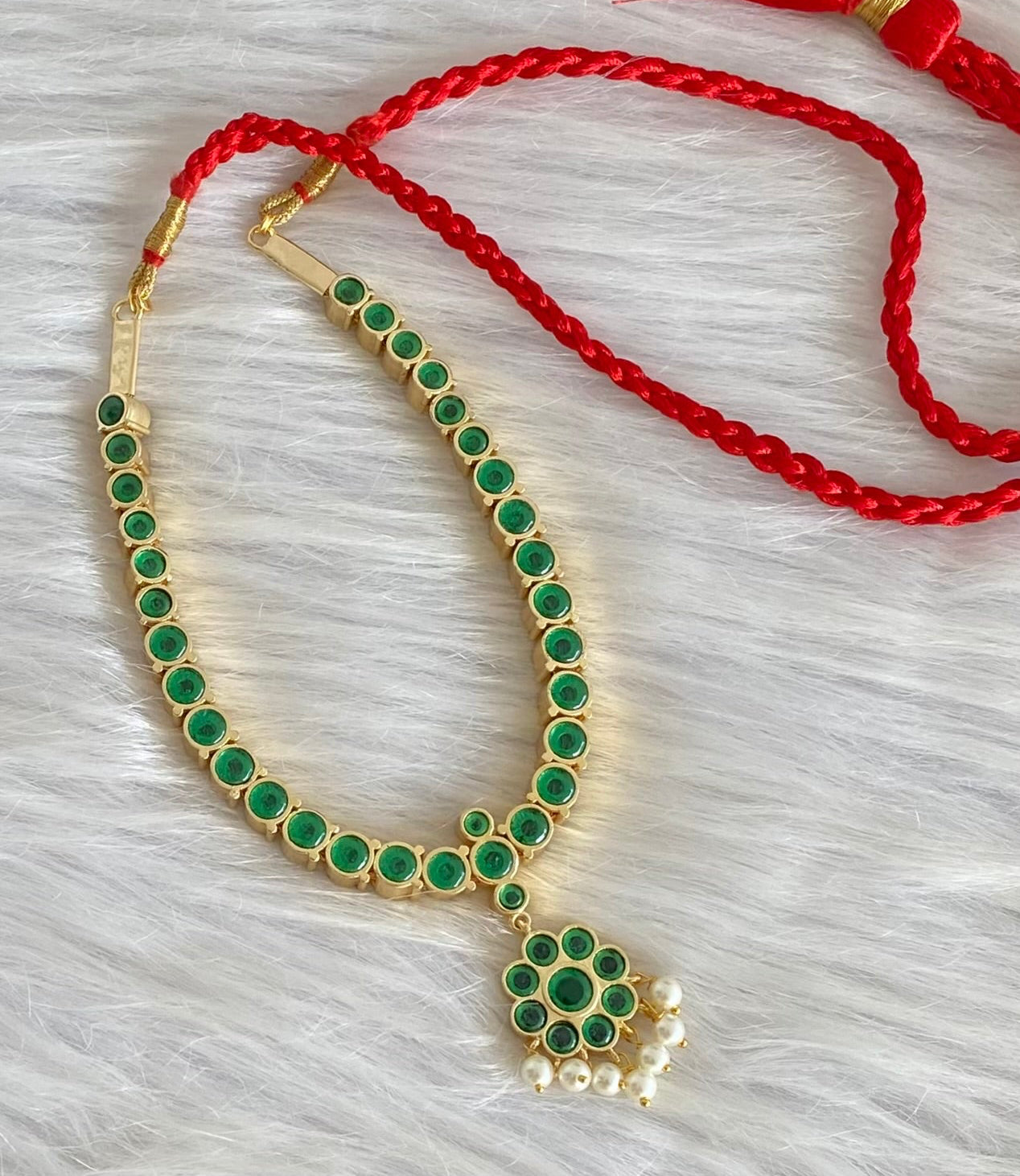 Gold tone precious kemp-green pearl reversible necklace dj-54148