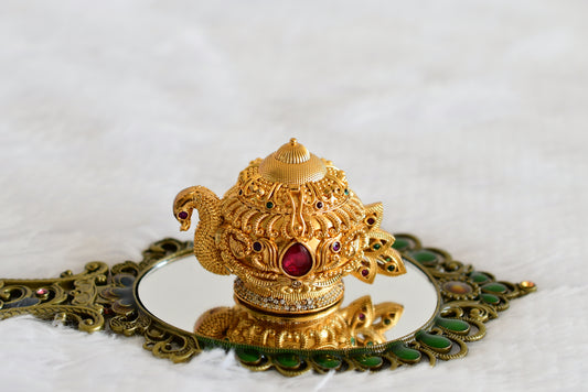 Antique gold tone kemp-green peacock kumkum box dj-52311