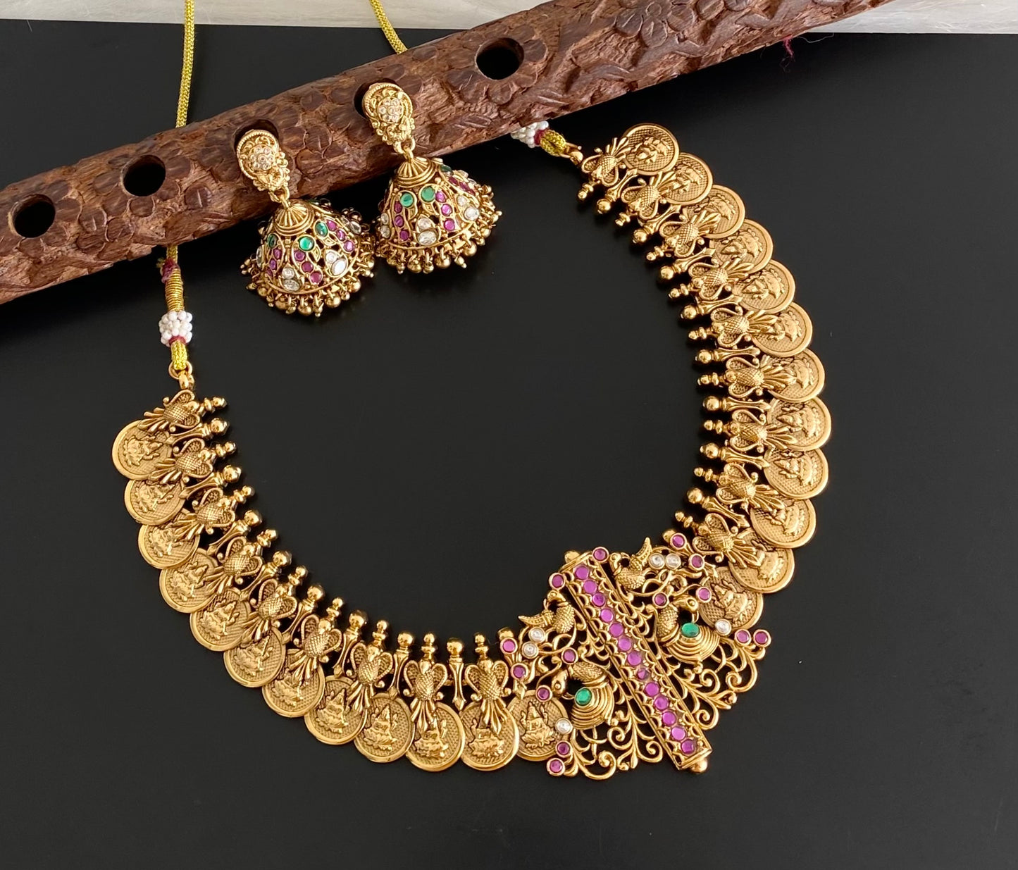 Antique gold tone peacock lakshmi coin necklace set dj-54509