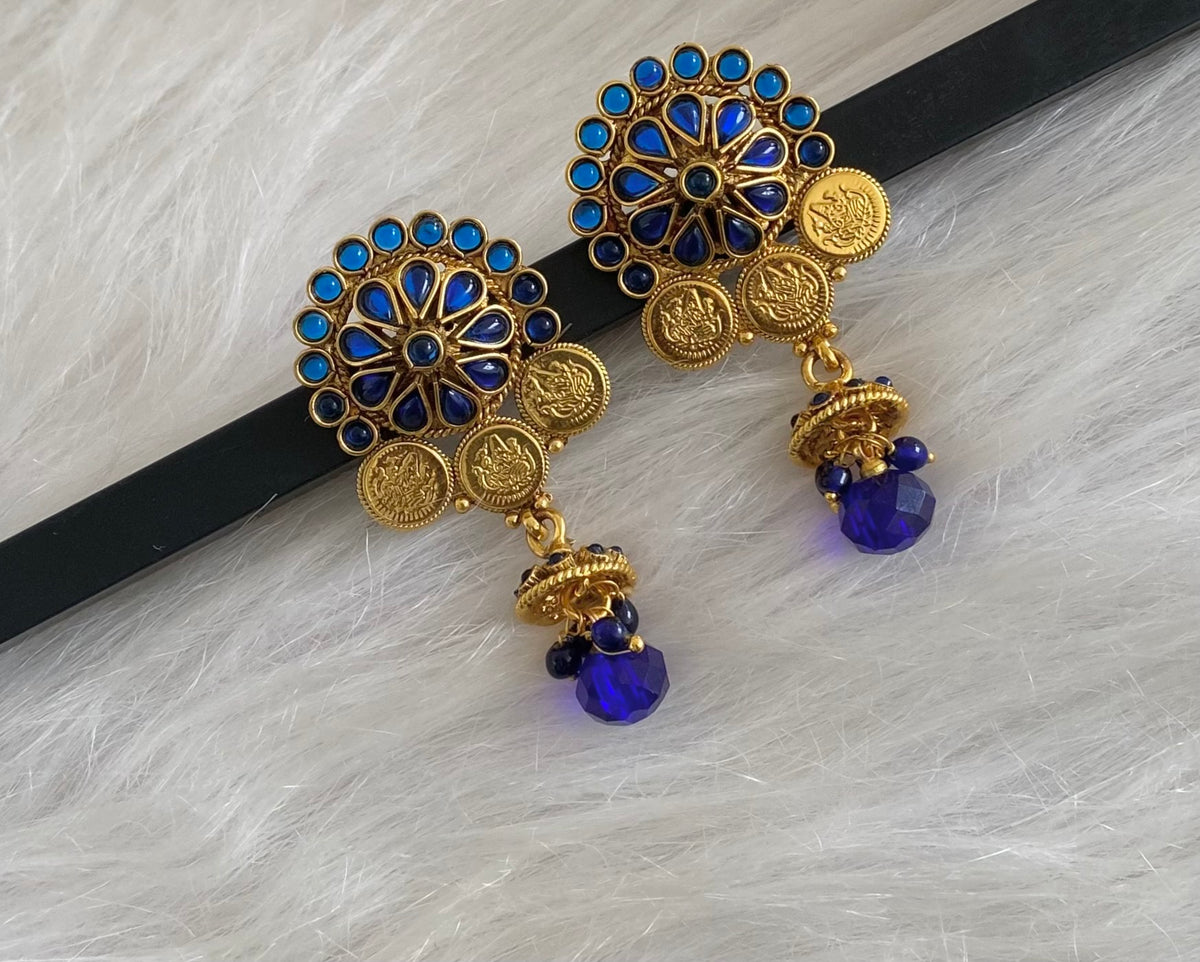 Antique gold tone blue stone lakshmi coin flower earrings dj-54792