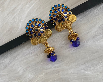 Antique gold tone blue stone lakshmi coin flower earrings dj-54792