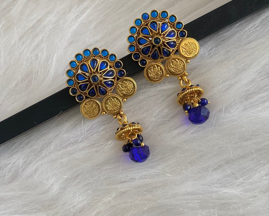Antique gold tone blue stone lakshmi coin flower earrings dj-54792