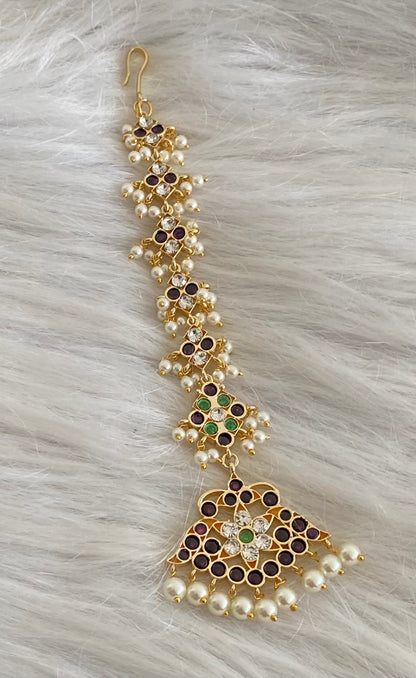 Gold tone precious kemp-green-white pearl flower tikka dj-53927