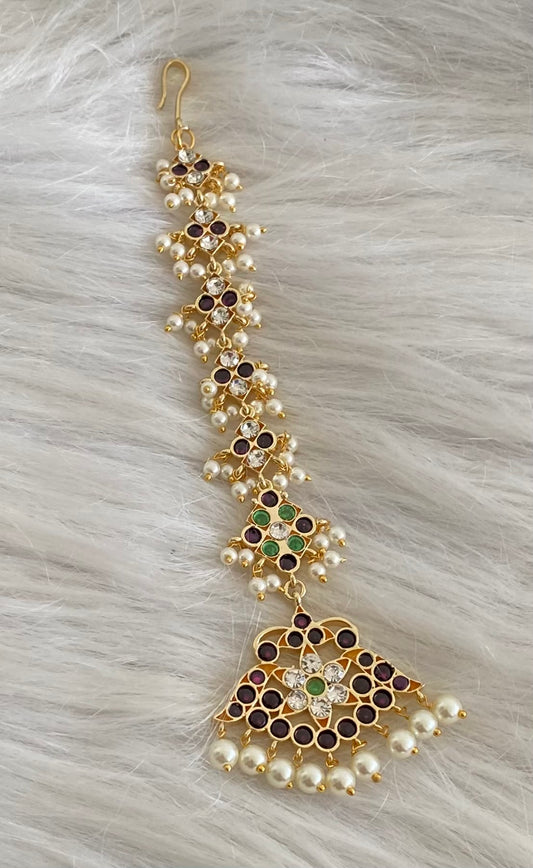 Gold tone precious kemp-green-white pearl flower tikka dj-53927