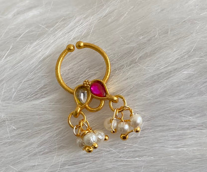 Gold tone kundan jadau pink-white stone pearl nose pin/bulakku dj-53807