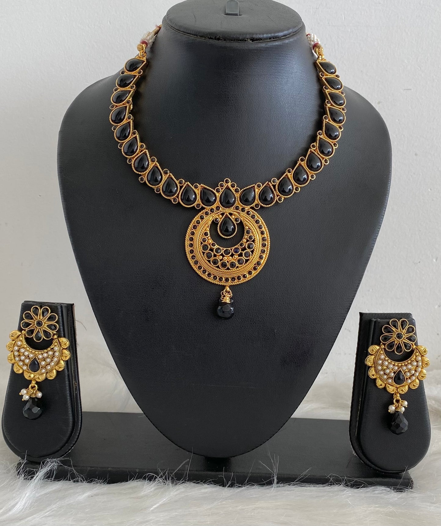 Antique gold tone black beaded pearl necklace set dj-54558