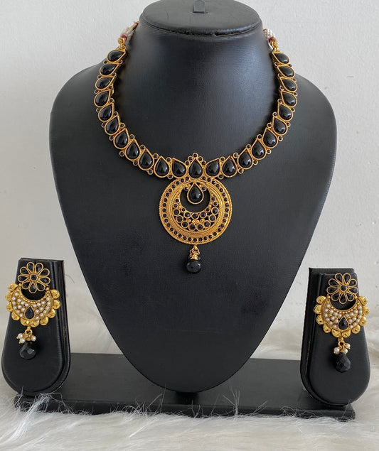 Antique gold tone black beaded pearl necklace set dj-54558