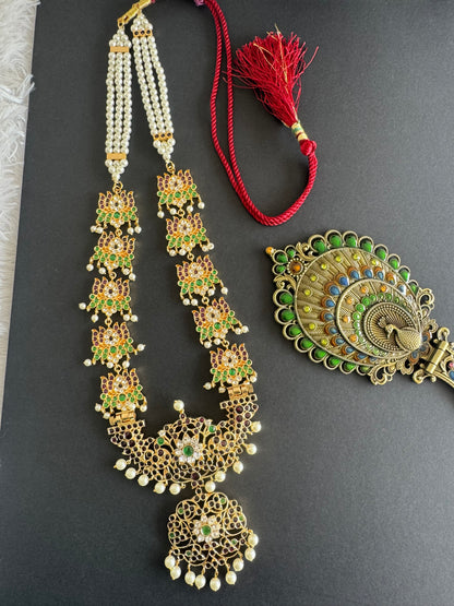 Gold tone precious kemp-green-white pearl lotus haar dj-52000