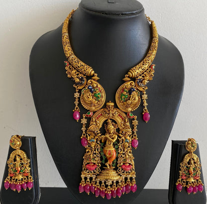 Matte finish pink beaded meenakari krishna kante necklace set dj-54097