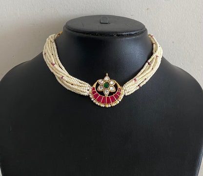 Gold tone pink-green-white moon kundan jadau pearl choker necklace dj-54495