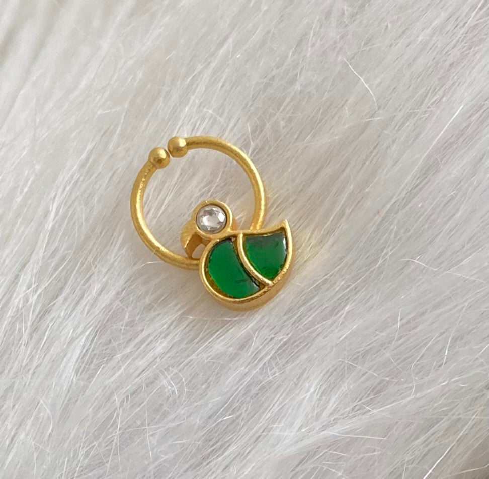 Gold tone kundan jadau green-white stone swan nose pin/bulakku dj-53737
