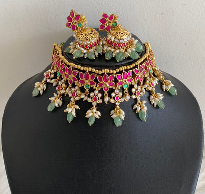 Antique gold tone kundan jadau lotus choker set dj-54510