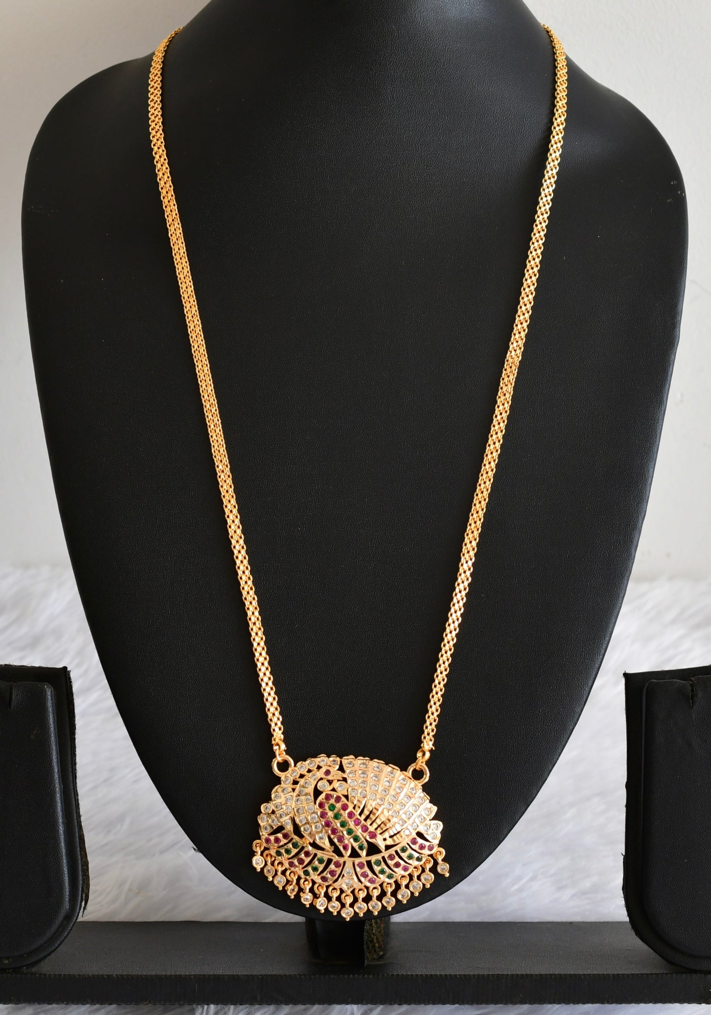 Gold tone AD pink-white-green peacock pendant with chain dj-53319