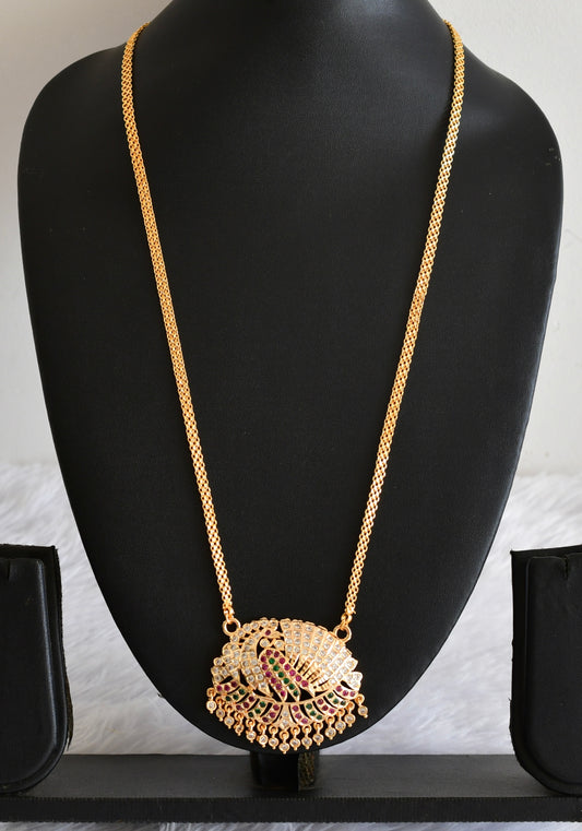 Gold tone AD pink-white-green peacock pendant with chain dj-53319