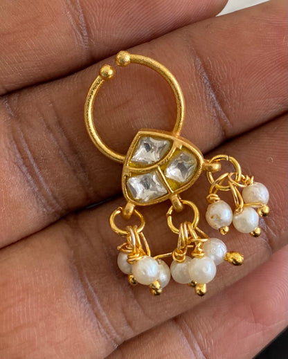 Gold tone kundan jadau white stone pearl nose pin/bulakku dj-53799