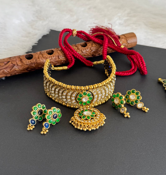 Matte finish green-blue-white flower reversible choker set dj-52144