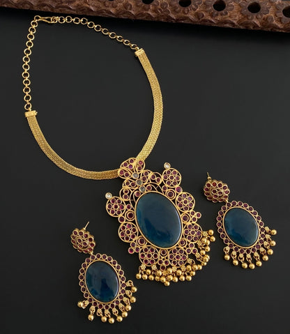 Matte finish big blue oval stone pendant choker necklace set dj-53989