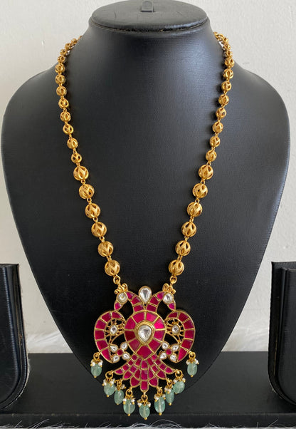 Gold tone pink-green-white kundan jadau Gandaberunda reversible necklace dj-53994
