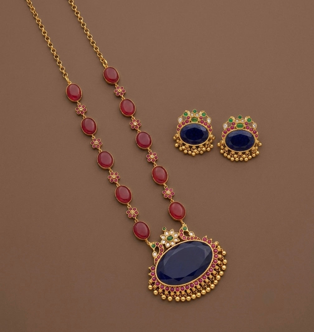 Matte finish marron stone big blue oval peacock pendant short haar set dj-54485