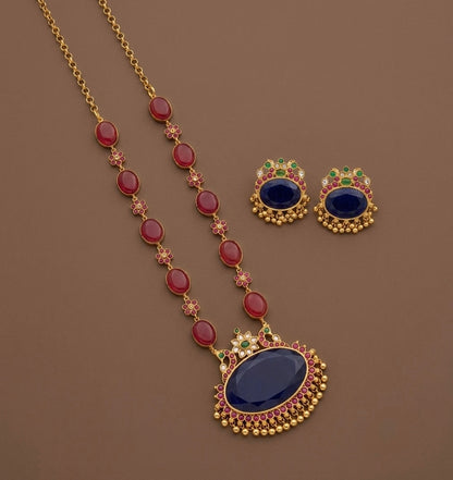 Matte finish marron stone big blue oval peacock pendant short haar set dj-54485