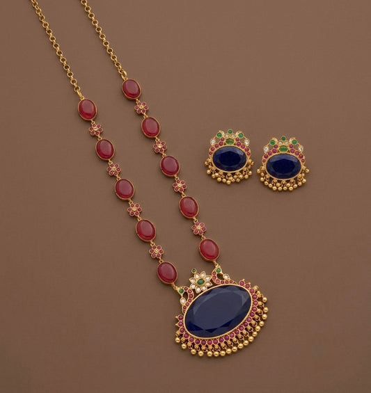 Matte finish maroon stone big blue oval peacock pendant short haar set dj-54485