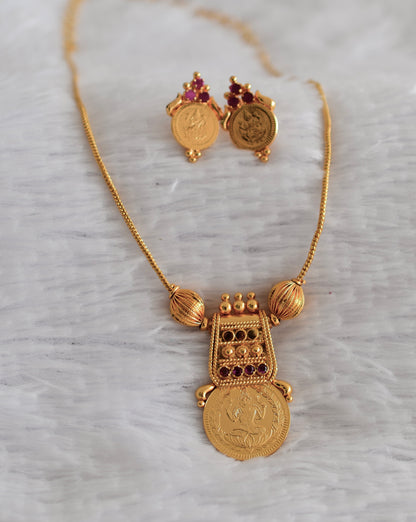 Gold tone kerala style ruby lakshmi coin necklace set dj-52686
