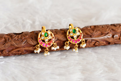 Gold tone pink-green kundan jadau lotus bugadi earrings dj-52471