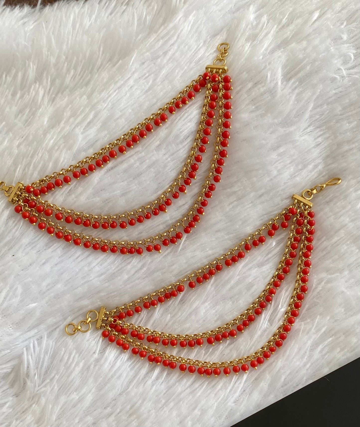 Antique gold tone coral beaded multi layer ear side chian dj-54051