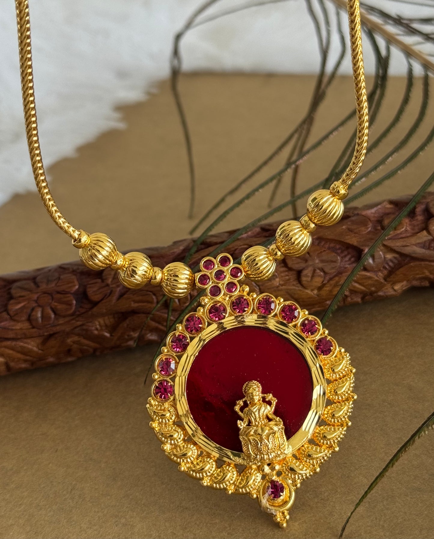 Gold tone pink-red kerala style round kodi Lakshmi necklace dj-51703