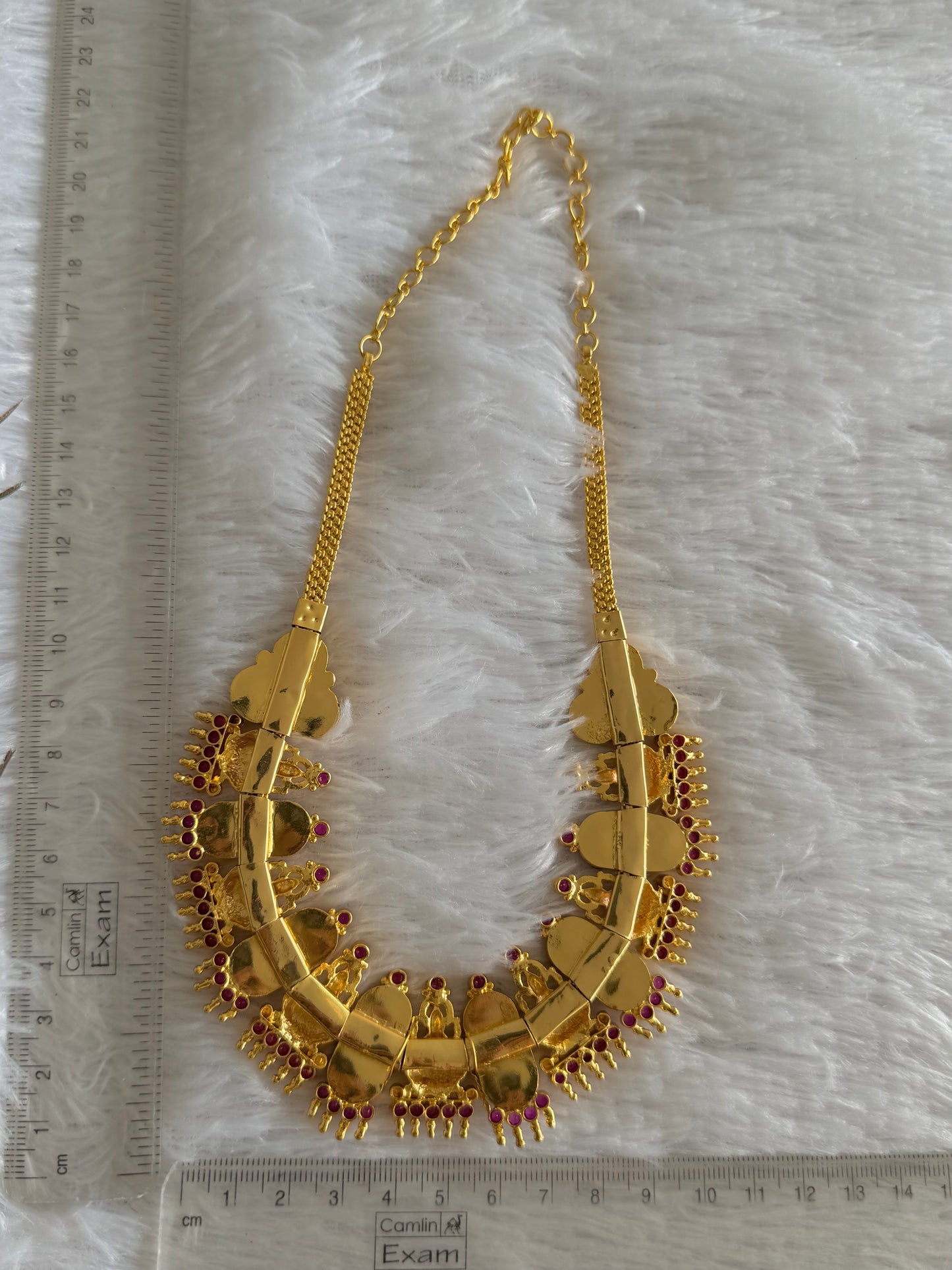 Gold tone pink-green kerala style round Lakshmi coin necklace dj-51711